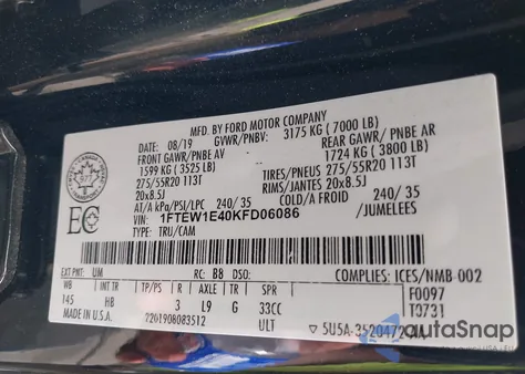 2019 Ford F-150 Lariat из США, поврежденный, VIN 1FTEW1E40KFD06086